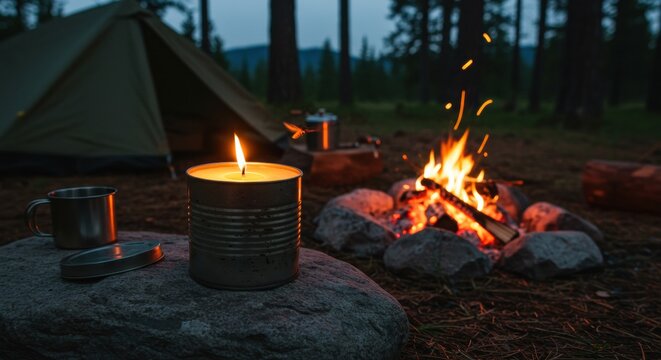 A serene outdoor adventure scene with a lit candle illuminating a campsite, a crackling campfire with sparks, and a tent nestled in the woods at twilight.