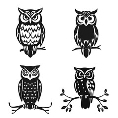 Collection of owls with sharp eyes, clean lines, symbol of wisdom and strength. vector owl, owl emblem, night bird, tribal owl