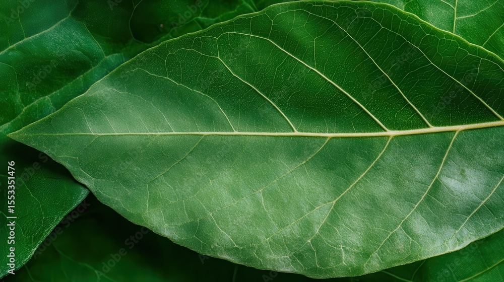Poster this image features a close-up view of a vibrant green leaf, showcasing its intricate veins and text
