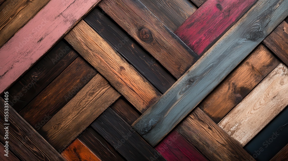 Poster a vibrant and artistic arrangement of wooden planks displayed diagonally, showcasing various colors 
