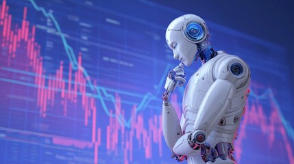 3D rendering of a humanoid robot working with forex chart, stock market data.