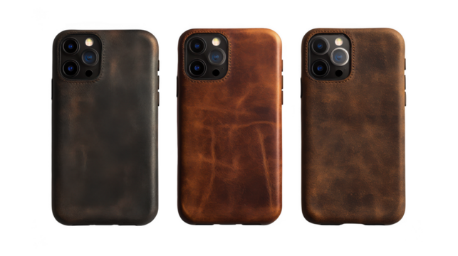 Three leather phone cases in different colors on transparent background - Powered by Adobe