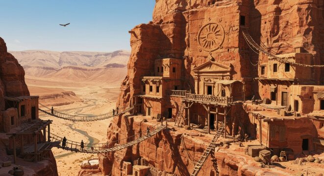 Fototapeta A magnificent lost city carved into a desert canyon cliffside, showcasing ancient architecture, rope bridges, and a vast, arid landscape under a clear sky.
