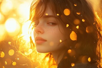 Fototapeta premium Girl with freckles in golden bokeh light, warm and dreamy portrait. Use for beauty ads, or concepts like sunshine, hope, and new beginnings.