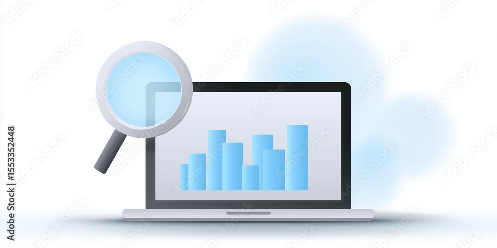 Poster laptop with data analysis chart displayed on screen, magnifying glass positioned above, representing