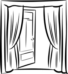 open window with curtains outline coloring book page line art vector illustration