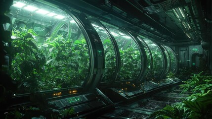 Lush hydroponic growth chambers in a futuristic corridor.