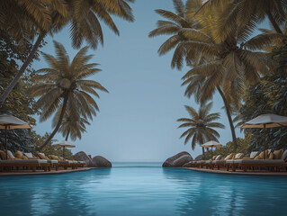 Fototapeta premium Tranquil swimming pool surrounded by lush palm trees and comfortable loungers, reflecting serene blue water under a clear sky, creating a peaceful tropical oasis atmosphere