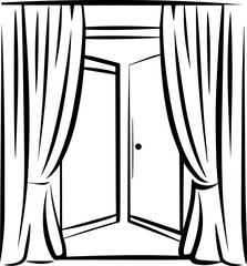 open window with curtains outline coloring book page line art vector illustration