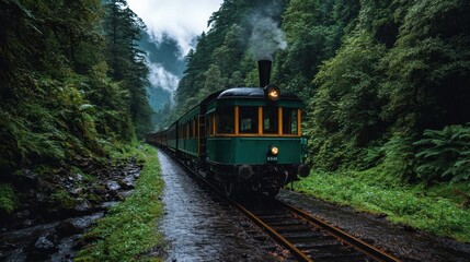Obraz premium A nostalgic steam train, adorned in classic green, journeys through a lush mountain landscape, revealing the beauty and adventure of train travel and nature combined.