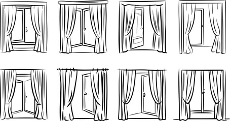 Set of open window with curtains outline coloring book page line art vector illustration