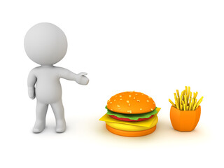 3D Character showing cheeseburger and french fries