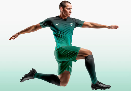Male Soccer Player in White Uniform Jumping Mockup