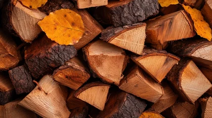 Gordijnen A vibrant display of neatly stacked firewood adorned with autumn leaves, capturing the essence of seasonal change and natural beauty in a cozy setting. © svastix