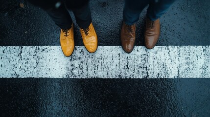 Two pairs of stylish shoes, one yellow and the other brown, stand on a wet road with a white dividing line, encapsulating urban fashion and the beauty of contrast during rain.