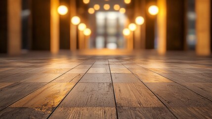 A wooden floor with a warm, golden hue, featuring a single light source casting a soft glow.