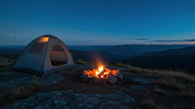Night Camping Adventure Starry Sky, Mountain Views, Campfire. Suitable fot relaxing video