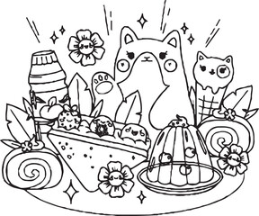 A fun and whimsical black and white doodle artwork showing a group of cute cartoon characters, including a smiling star, a frog, a flower, and other imaginative creatures.