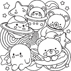 A fun and whimsical black and white doodle artwork showing a group of cute cartoon characters, including a smiling star, a frog, a flower, and other imaginative creatures.