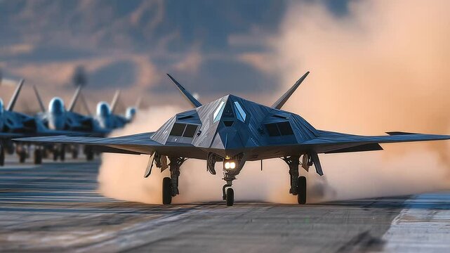 Stealth aircraft passes over an airstrip deep in the desert where fighter jets are lined in formation, dust kicked up by ground crew activity