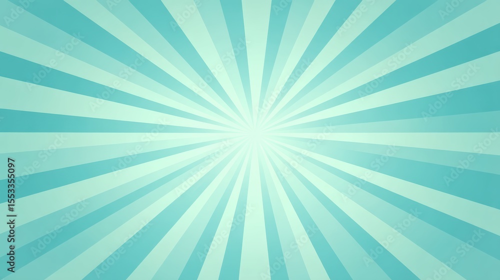 Poster bright teal radial burst background with light rays spreading out from center point in a starburst p