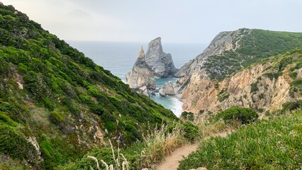 Mystical coastal vista where verdant cliffs kiss wild ocean waves, ideal for Earth Day reflections and solitary wanderlust journeys