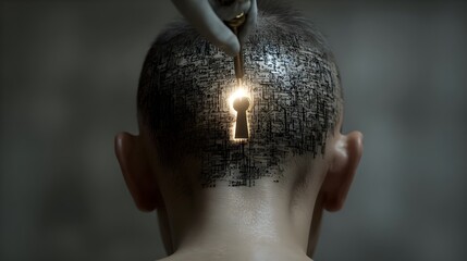 Obraz premium Shaved head with code tattoo and glowing keyhole; lockpick in use, light streaming out. Concept: Blends cybersecurity, mind hacking and digital identity; explores access, intrusion, intellectual contr