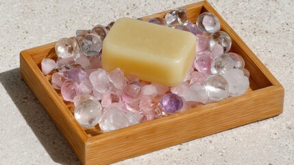 Soap bar resting on translucent pink and clear glass pebbles inside a wooden rectangular soap dish on a light textured surface