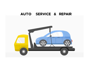 Tow truck carrying a blue car on white background with text for auto service and repair