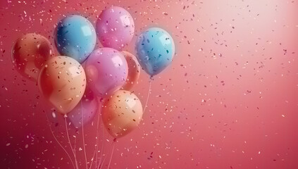 A festive greeting card animation with colorful balloons floating in the air and swirling confetti on a bright pink background.