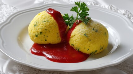 Two herb-infused dumplings served with rich red tomato sauce and garnished with fresh green parsley on white plate