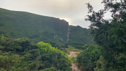 Misty emerald hills loom under the twilight sky, invoking a sense of Beltane rituals and mysterious Celtic folktales