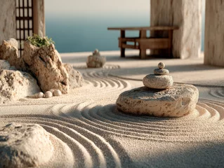 Photo sur Plexiglas Serene Japanese Zen garden with raked sand patterns and stacked stones, evoking tranquility and balance