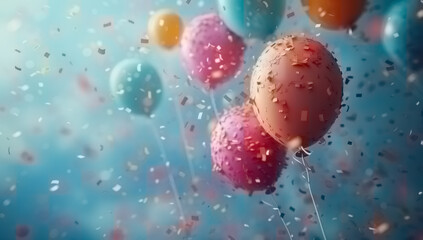 A festive greeting card animation with colorful balloons floating in the air and swirling confetti on a bright pink background.