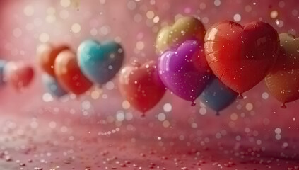 A festive greeting card animation with colorful balloons floating in the air and swirling confetti on a bright pink background.