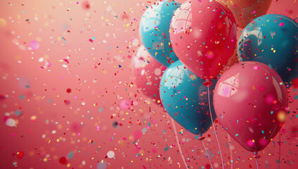 A festive greeting card animation with colorful balloons floating in the air and swirling confetti on a bright pink background.