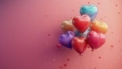 A festive greeting card animation with colorful balloons floating in the air and swirling confetti on a bright pink background.
