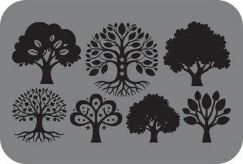 Collection of seven stylized black silhouette trees with varying leaf shapes and root systems set against a muted gray background with rounded corners