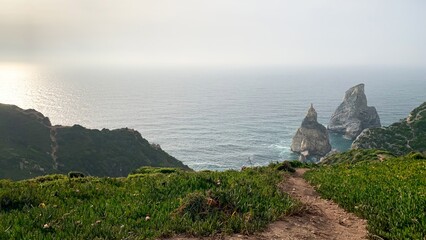 A winding path leads to jagged cliffs embracing the sea, perfect for Earth Day reflections and coastal meditations