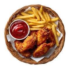 Crispy chicken wings and fries isolated on transparent background