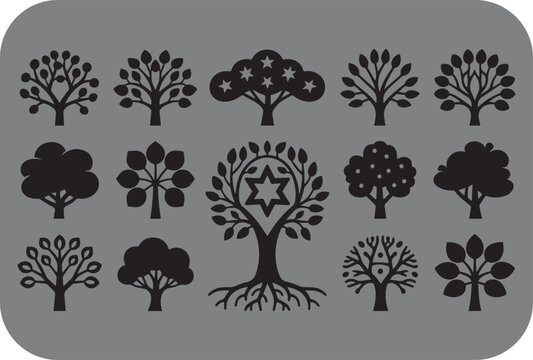 Collection of stylized black tree silhouettes with various leaf shapes and decorative elements like stars and a star of david on a gray background