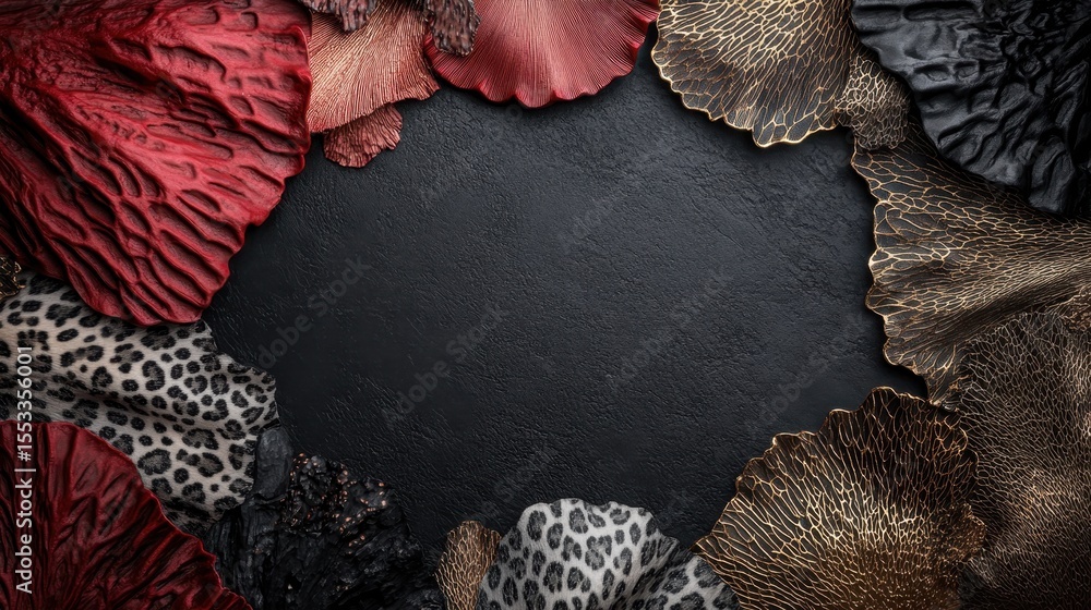 Poster a stunning array of colorful textured leaves arranged elegantly against a dark surface, showcasing t