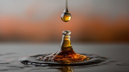 Drop of golden liquid falling into dark rippling water surface with soft background