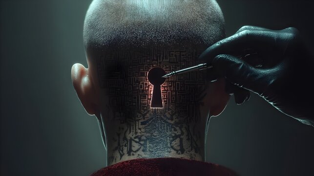 Shaved head with code tattoo and glowing keyhole; lockpick in use, light streaming out. Concept: Blends cybersecurity, mind hacking and digital identity; explores access, intrusion, intellectual contr