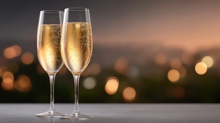 Two glasses of sparkling champagne with bubbles against a blurred warm glowing background evening light