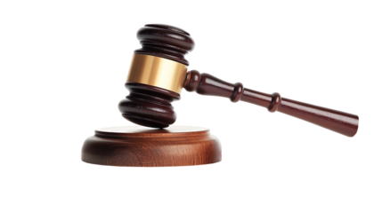 Wooden gavel and law books symbolize justice and authority on a white background