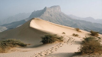 Sand dunes with footsteps and sparse shrubs under clear sky near rugged mountain range