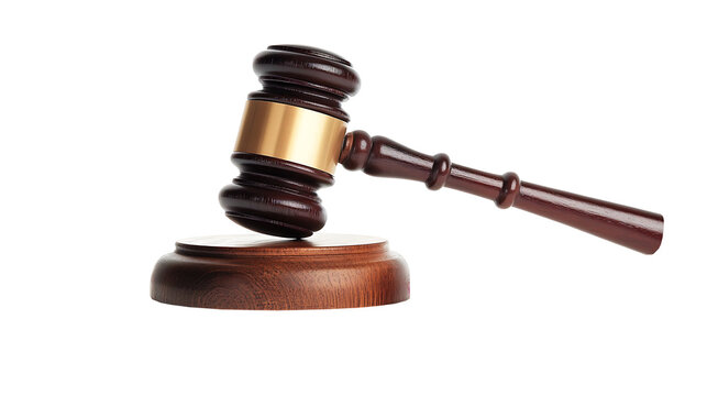 Wooden gavel and law books symbolize justice and authority on a white background