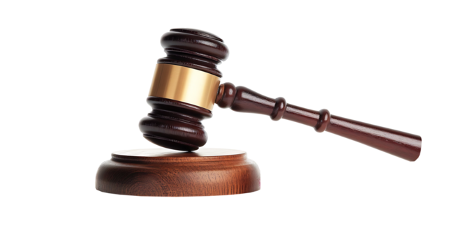 Wooden gavel and law books symbolize justice and authority on a white background