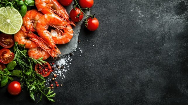 An artistic arrangement of delicious, cooked shrimps alongside vibrant tomatoes, herbs, and lime, creating a tasteful gourmet presentation ideal for culinary use.